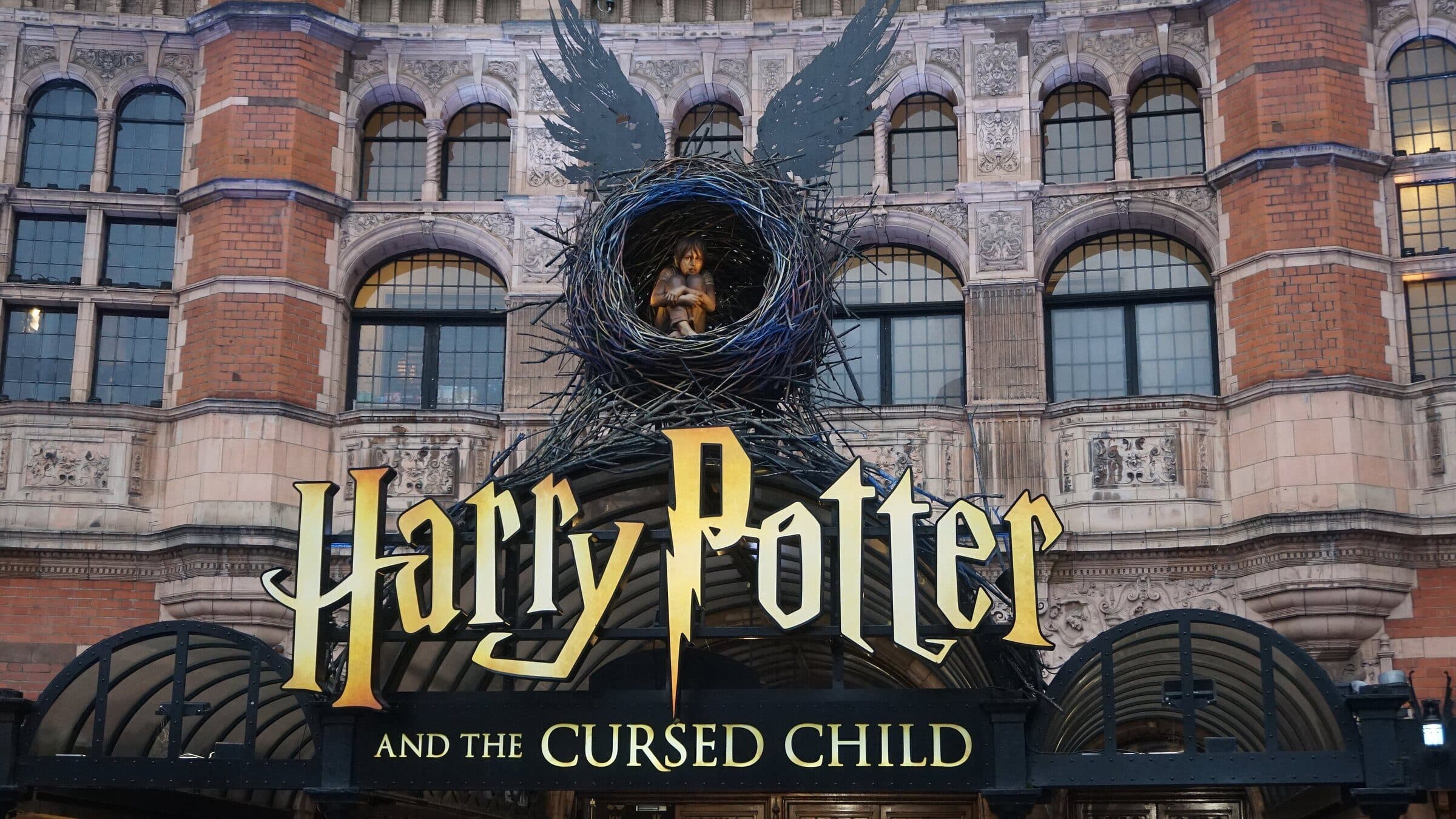 Harry Potter and the Cursed Child signage on the Palace Theatre