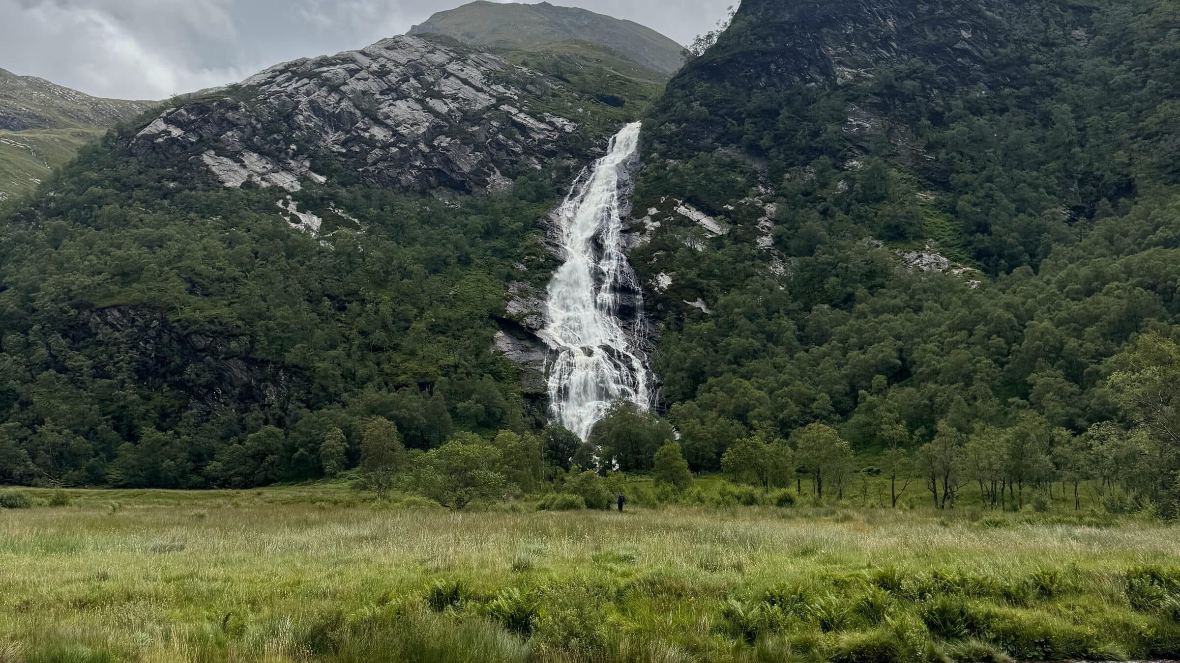 Steall Falls descending into upper Glen Nevis